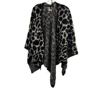 Maxsport Women's Animal Print Poncho Open Front Black/Cream Tassels Size L/XL